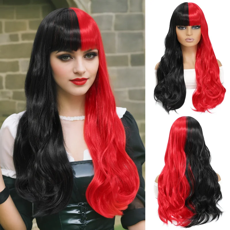 

Realistic natural European American style , black and red fluffy long curly hair, women's synthetic fiber wig
