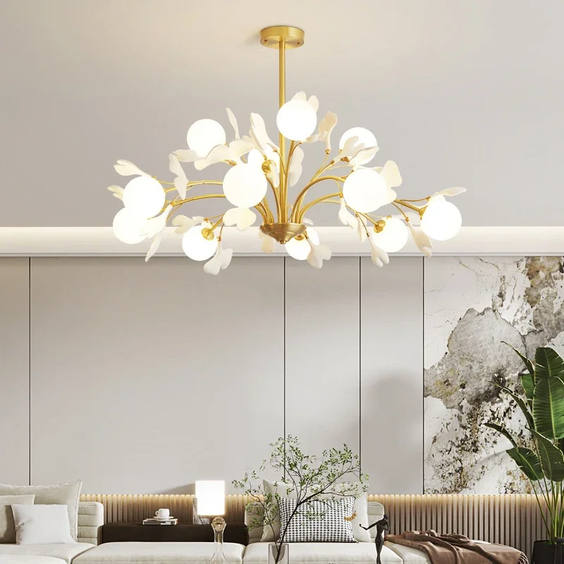 Luxury Ginkgo Biloba Chandelier Nordic Living Room Chandelier Designer Copper Hanging Lamp Bedroom Dining Room Led Pendant Light