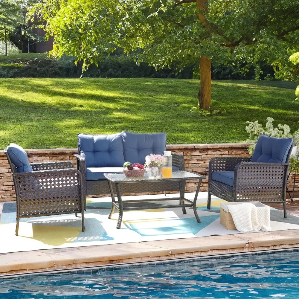 

4 Piece Outdoor Patio Sofa with Glass Coffee Table, Patio Conversation Set for 4 with Washable Cushions,All Weather Wicker Sofa