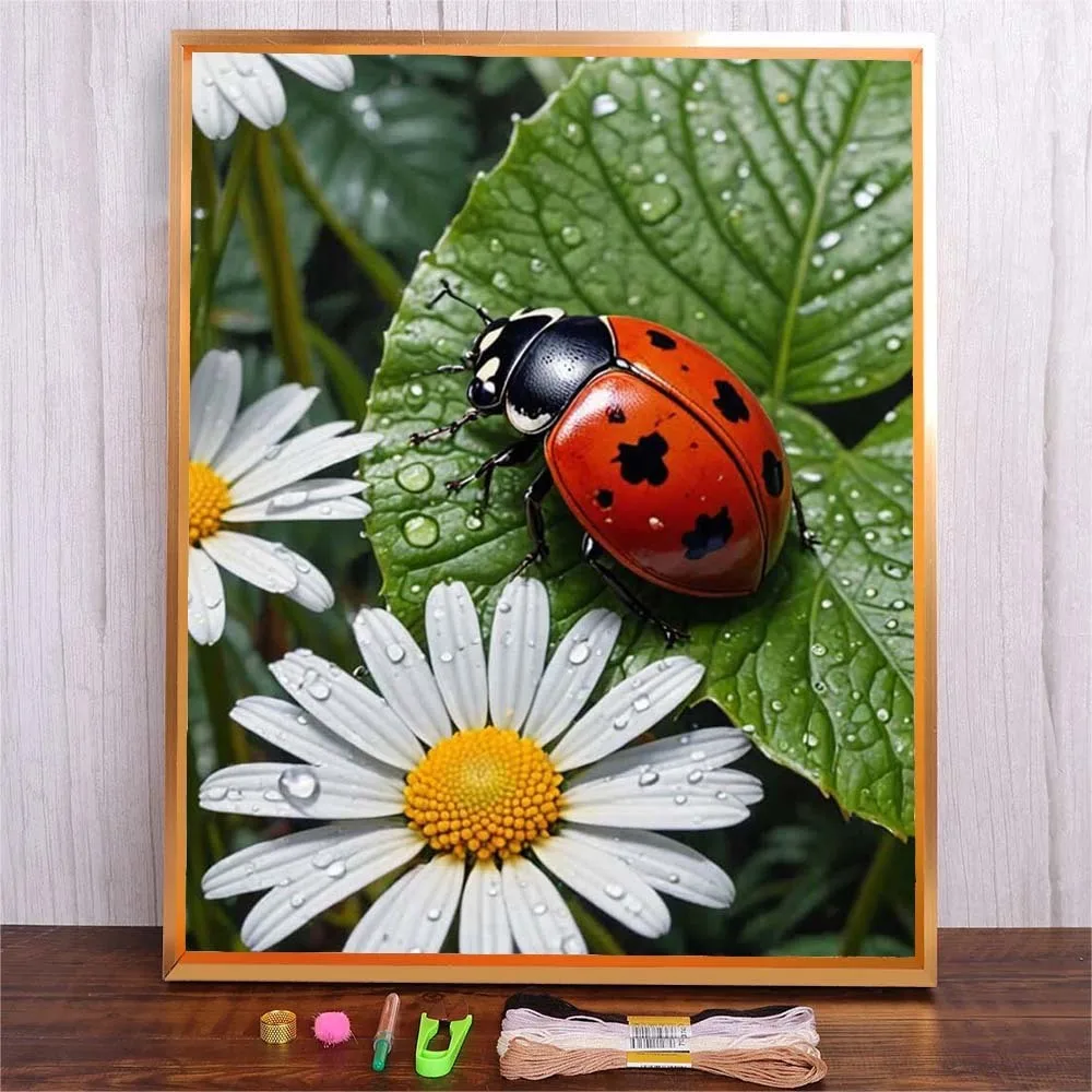 

Flowers Leaves Embroidery Kit With Cotton Thread Ladybug Full Printed Canvas Cross Stitch Needlework Craft Supplies Home Decor