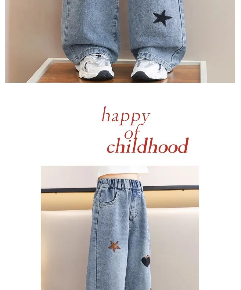 Frühling Herbst Neue Mädchen-Jeans mit Stickerei, Fünfzackiger Stern, Weite Hosen für 3-12 Jahre alte Teenager-Mädchen, Stylische Denim-Hosen mit weitem Bein – Detail 9