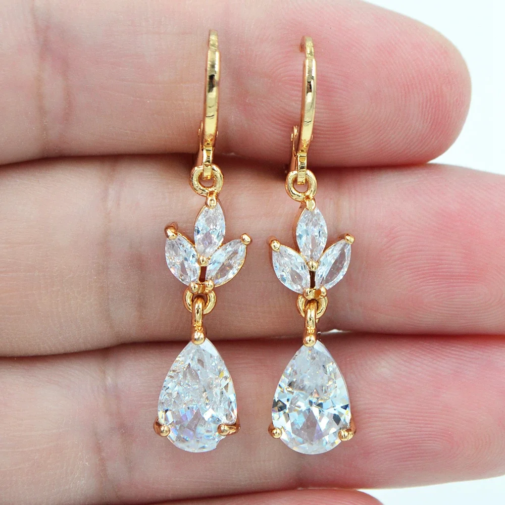 Fashion Gold Color Women Clear Sparkly Zircon CZ Water Drop Dangle Earrings Jewelry