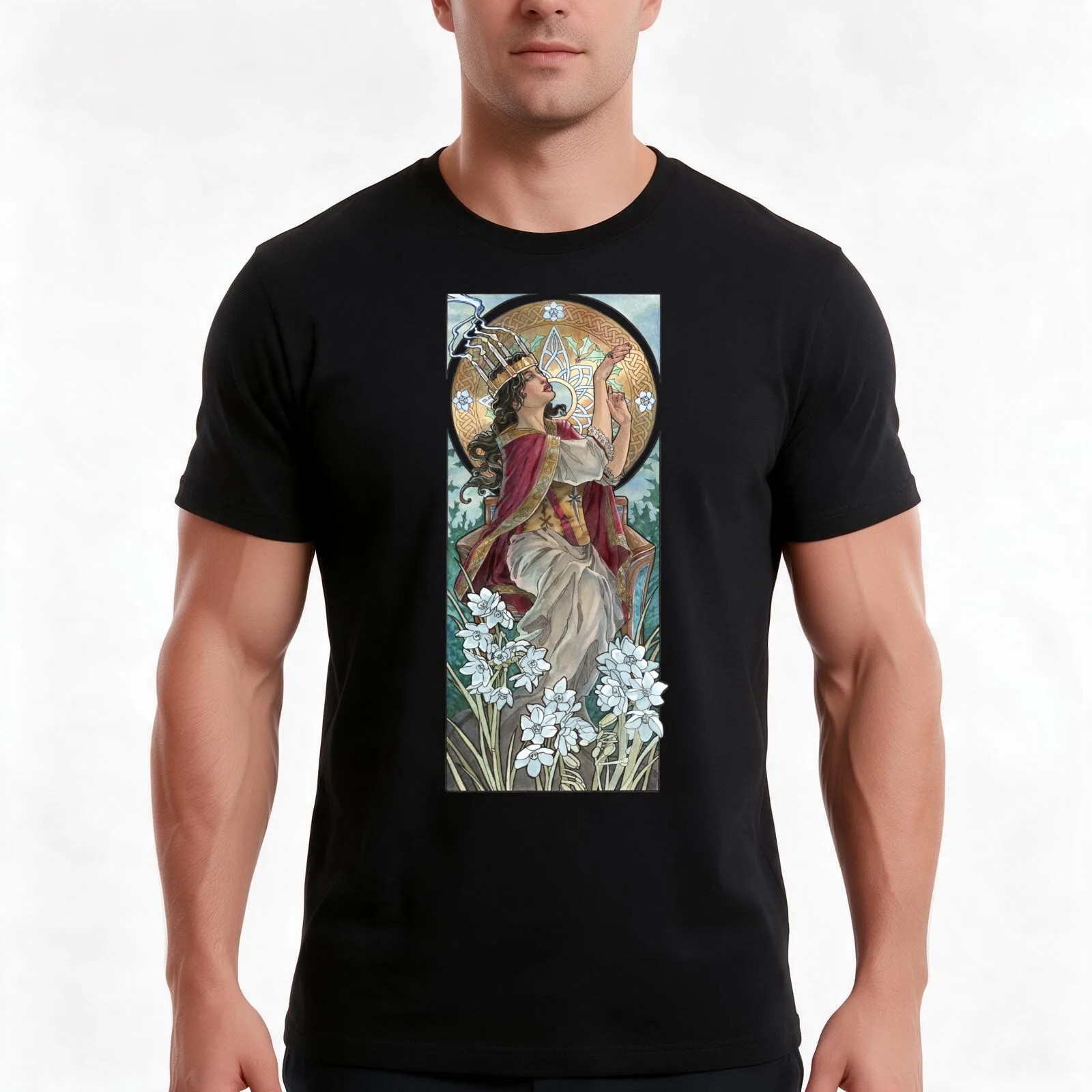 Lady of December with White Narcissus and Saint Lucy Candle Crown Goddess Mucha Inspired Birthstone Series T-Shirt 100% Cotton