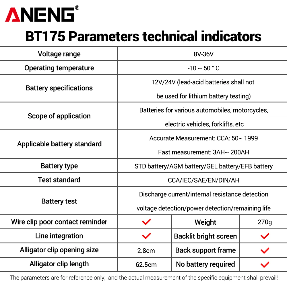 جهاز اختبار بطارية السيارة الرقمية BT175 جهاز اختبار المولد للسيارات مع مشبك التمساح المعزول مدقق البطارية أدوات المهنية