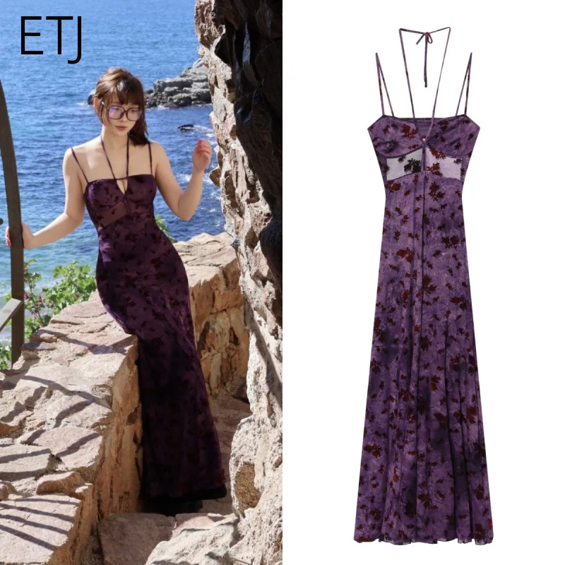 Vestido Largo de Verano ETJ para Mujer, Color Morado, con Bordado Floral, Espalda Descubierta, Tirantes Finos y Cuello en V, Modelo 2026