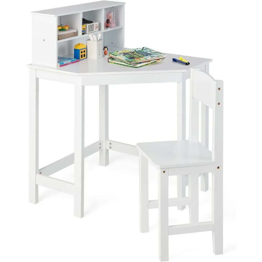 

Kids Desk and Chair Set, White Corner Desk with Hutch for Small Space, Bedroom, Children School Study Table