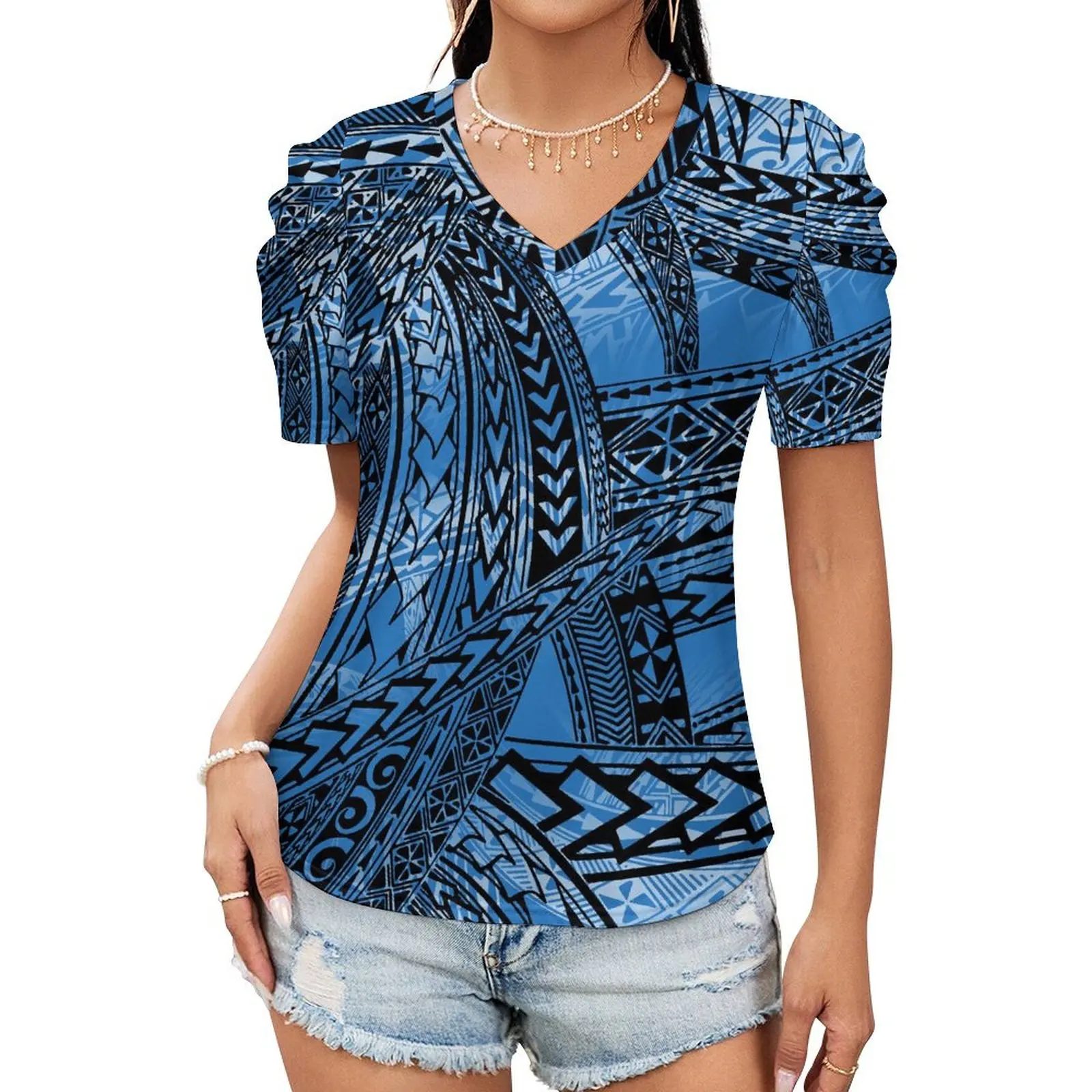 

Summer Holiday Party Women'S Casual Puffed-Sleeve Top Polynesian Island Samoan-Style Girls' Daily Short-Sleeved T-Shirt