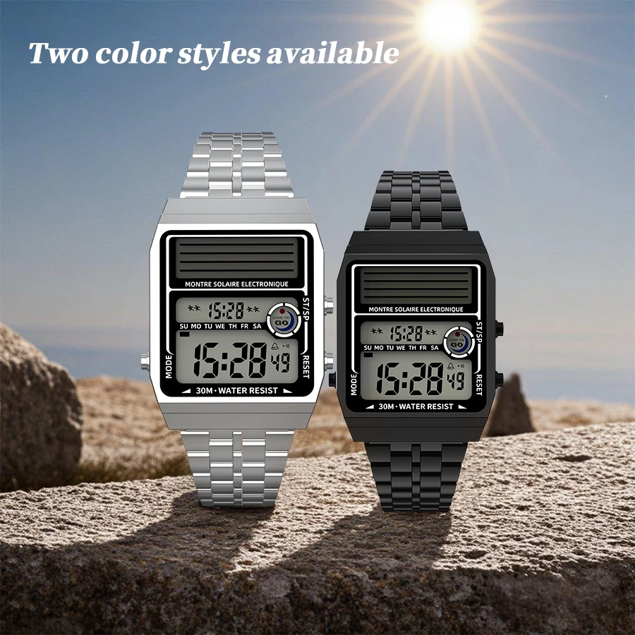 ساعة إلكترونية عصرية متعددة الوظائف تعمل بالطاقة الشمسية، عمر البطارية يصل إلى حوالي عامين، مقاومة للماء حتى 30 مترًا