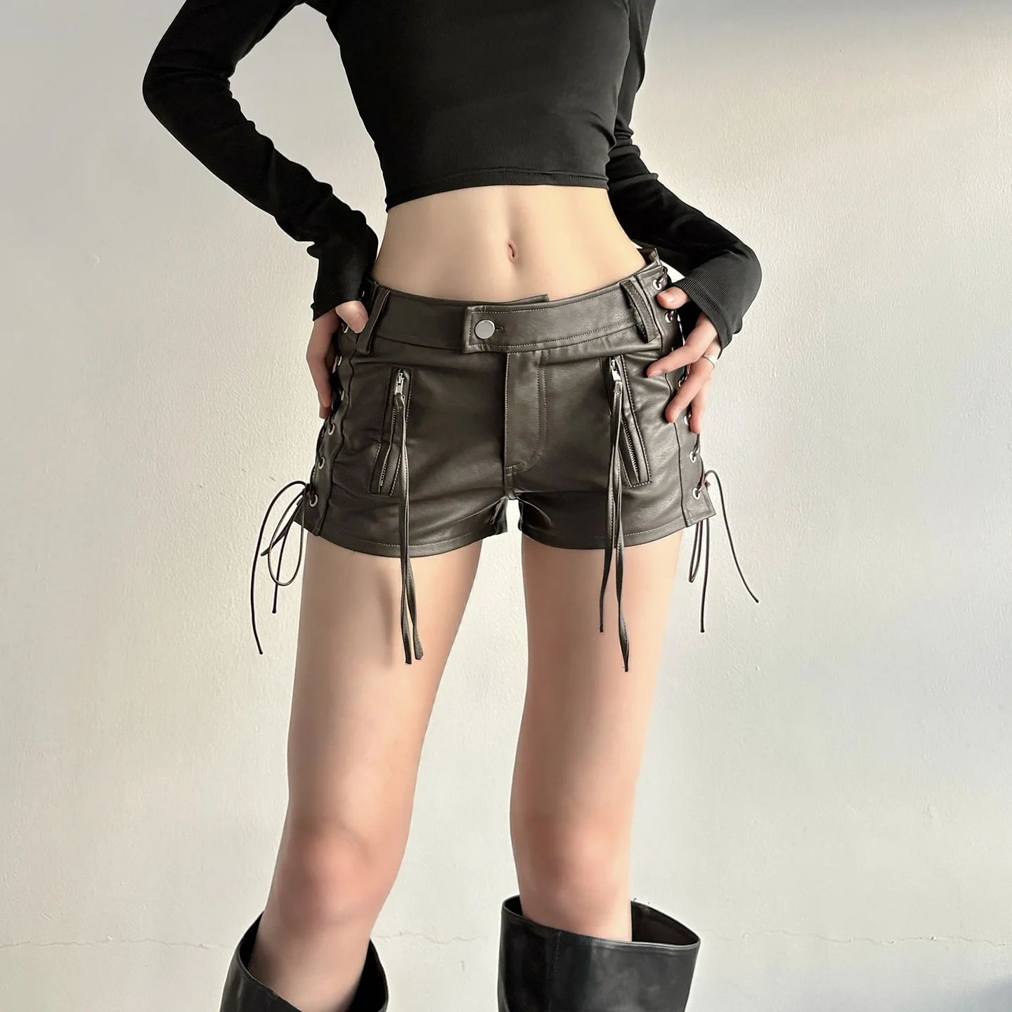 

Street Spice Girl модные коричневые шорты из искусственной кожи дизайн шнурки на шнурке шорты сексуальные супер шорты с низкой талией женские