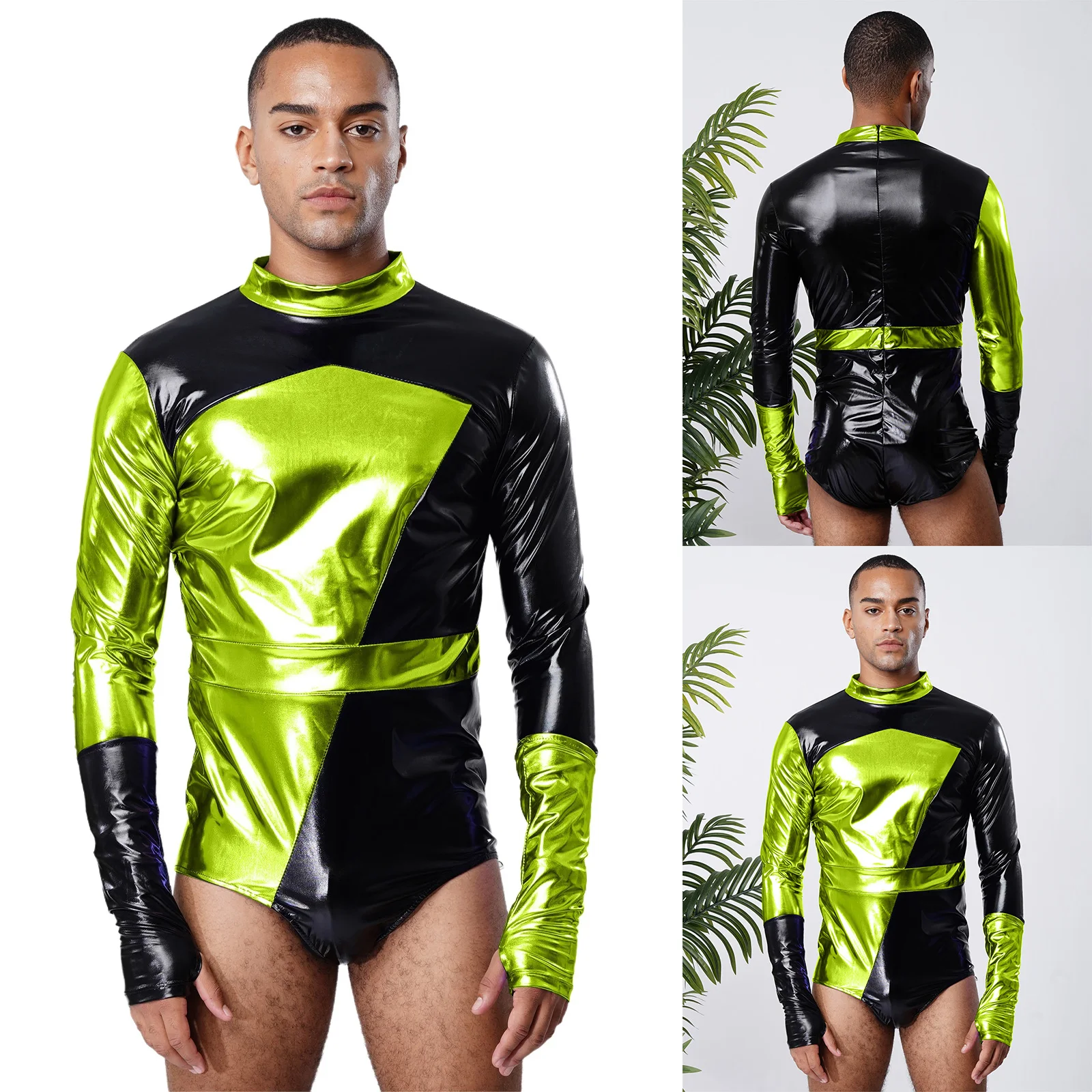 

Men Shiny Astronaut Alien Metallic Bodysuit Long Sleeves High Cut Jumpsuit with Arm Sleeves Fashion Party Club Halloween Outfits