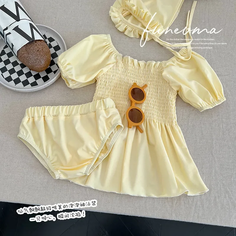 New Girls Swimwear Simplicity Fashion Solid Color Children Girl Beige Swimsuit Soft Summer Beach Clothes Swimwear Baby Clothing