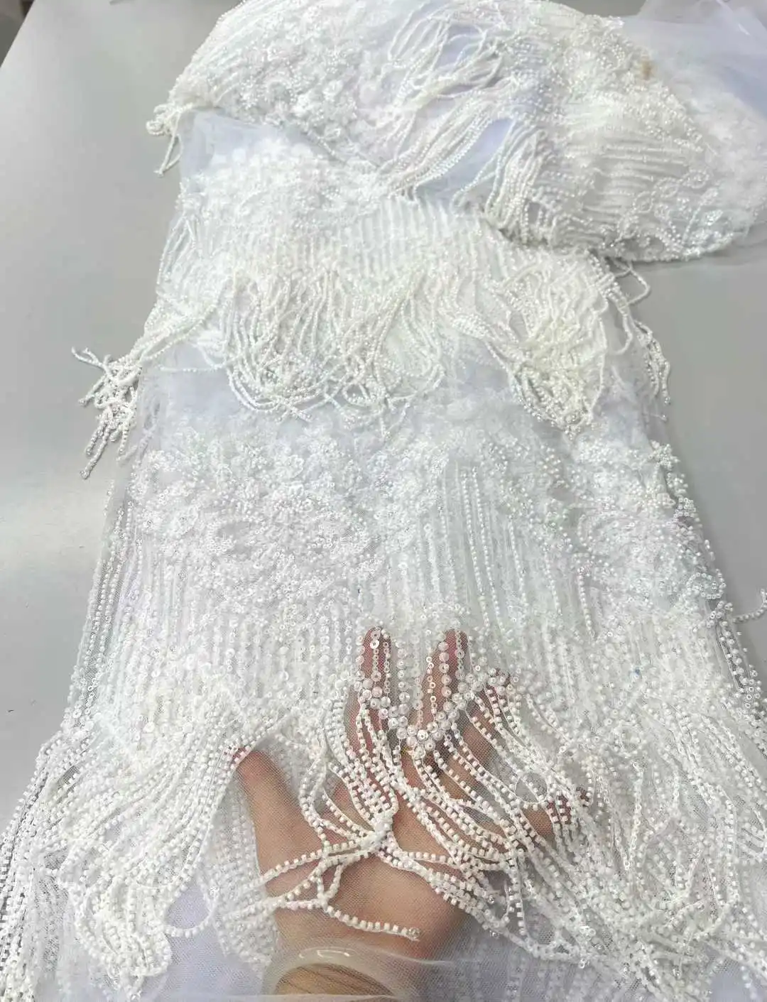 

Latest 2026 African tassels lace Nigerian France Hot Sale Tulle Lace Fabric With Beads Sequins High End for Bride Wedding Party