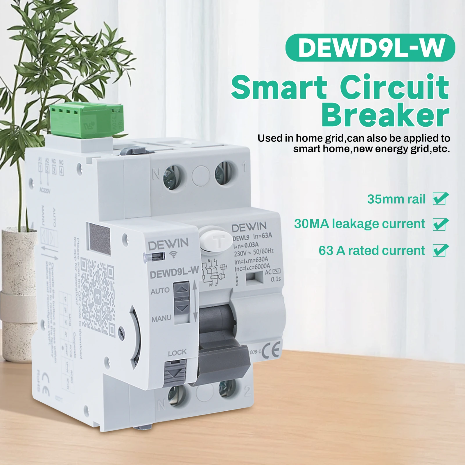 

WIFI Remote-Controlled Reclosing Device Leakage Protection Circuit Breaker AC220V 2P-63A-30ma Reclosing Device Circuit Breaker
