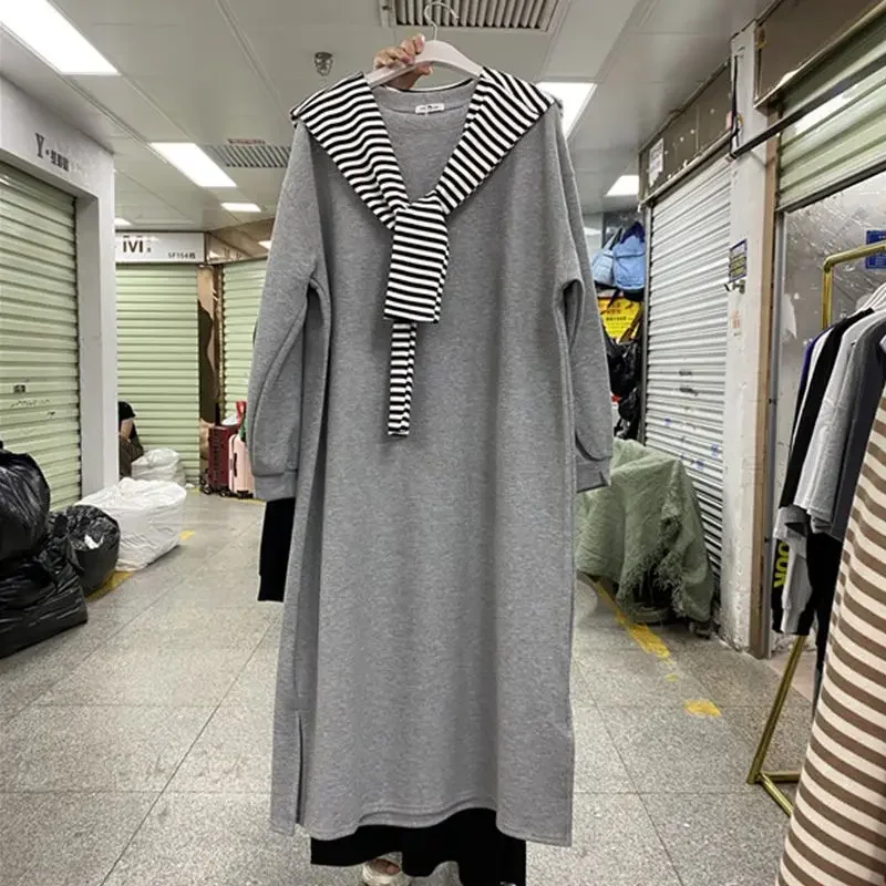 

Fat MM Extra Large Long Over Knee Health Dress Women's Autumn Loose Flesh Covering Long Sleeve Shawl Dress