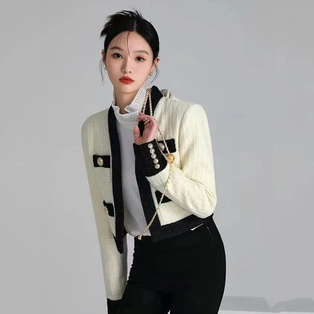 

Spring Autumn Blazers Top Female Small Fragrance Tweed Jacket Long Sleeve Button Short Coat Autumn Casual Women Office Outerwear