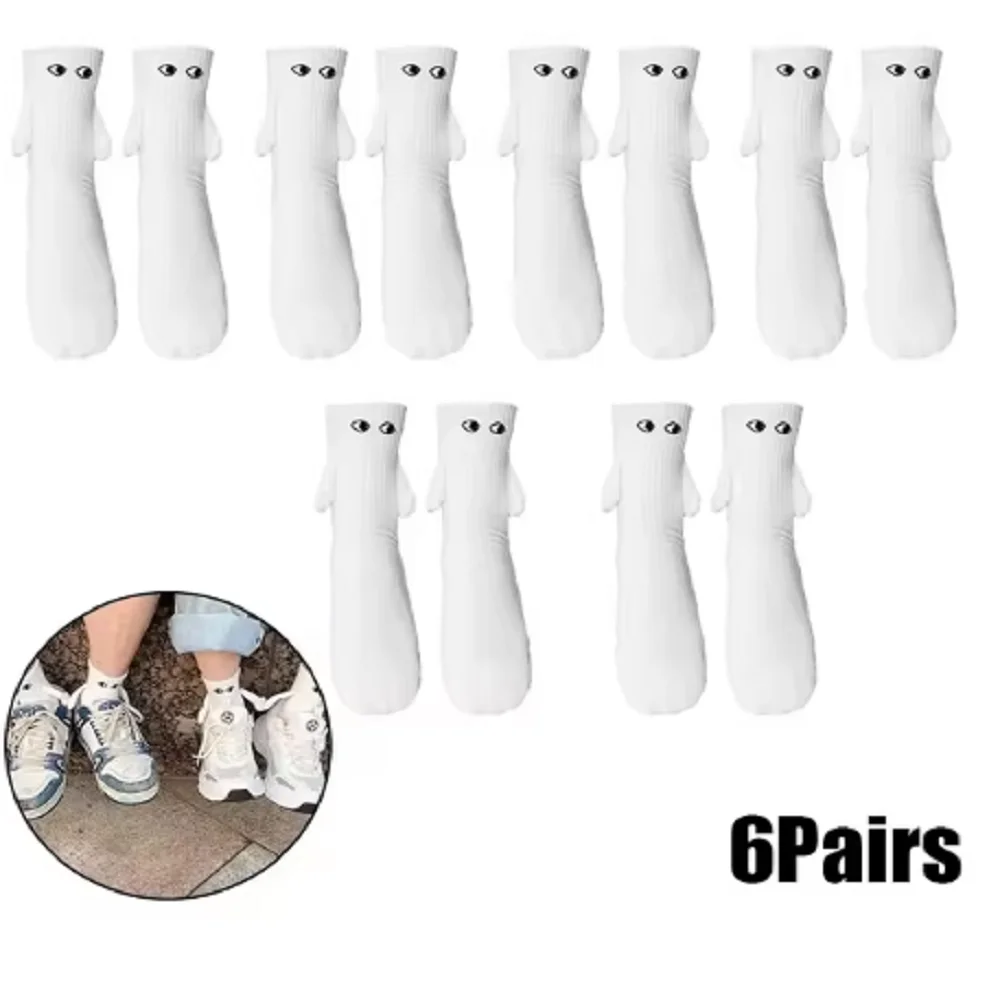 2/4/6/10 paires chaussettes magnétiques avec mains femmes hommes mode noir blanc drôle mignon dessin animé yeux Couple mi Tube chaussettes pour cadeaux