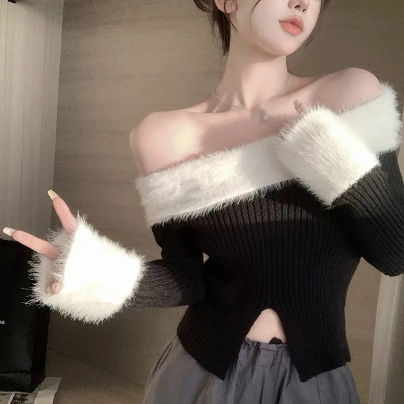 Lint Color Contrast Long Sleeves Pullover Top Knitted Slim Fashion Korean Version Women\'s Sweater Off Shoulder