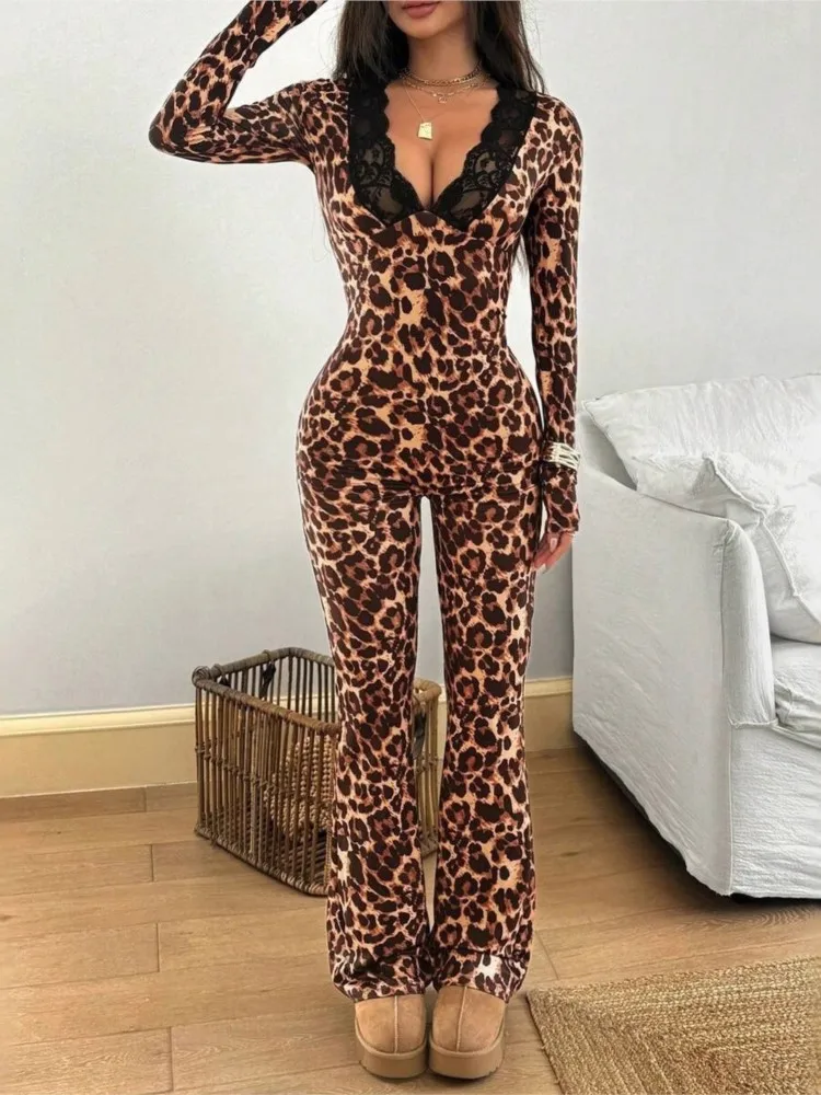 

Women's Clothing Jumpsuit Sexy Leopard Print Lace Jumpsuits For Woman Long Sleeve Slim Deep V-link Comfortable Temperament Chic