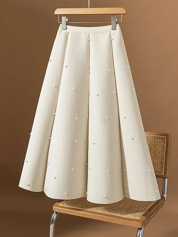 

Ele Mid-Length Heavy Embellied Suit Skirt for plus Size Women Spring Trend High Waist A-Line Midi Skirt