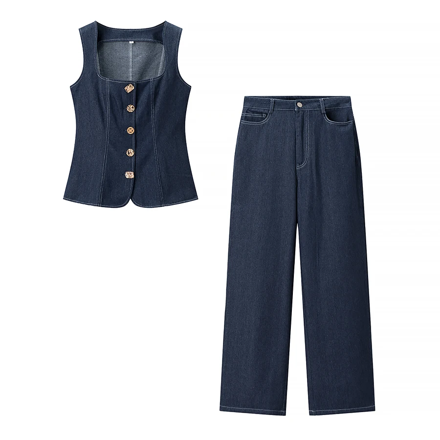 Frauen Straße Denim Weste Hosen Sets Weibliche Dünne Quadrat Kragen Ärmellose Einreiher Tops Oder Hohe Taille Jeans Lange Hosen
