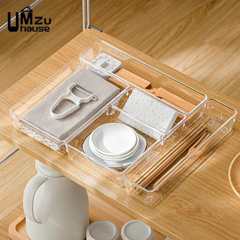 Drawer Organizers Box Clear Divider Case Makeup Kitchen Utensil Jewelry Tableware Brush Cable Clips Tray Bathroom Office Storage