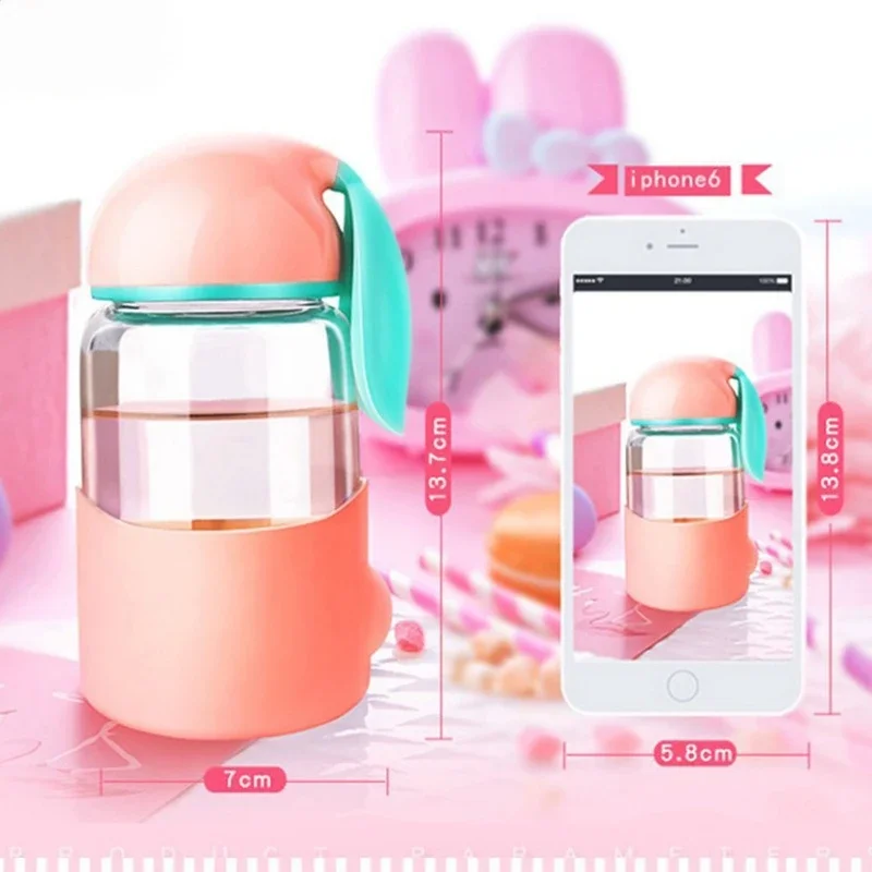 Cute Water Bottles Cartoon Rabbit Glass Bottle with Silicon Sleeve for Kids Student Girls Portable Drink  Glass Cup