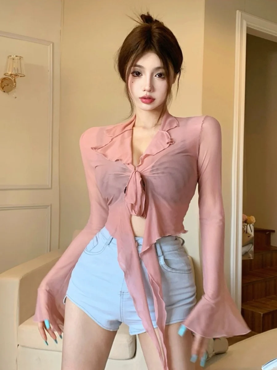 

Sexy Slim Fit Me irt Women's Design Binding Pure Desire ort V-Ne Long Sve Lace Top Korean Sle Commute Faion