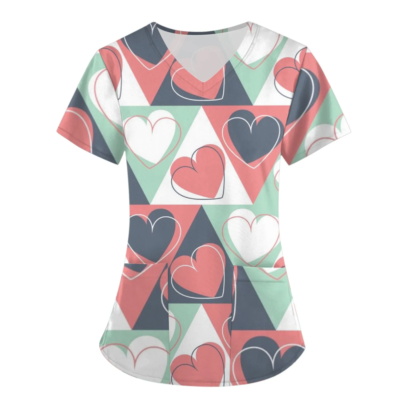 

Valentine Day Nurse Uniform Women Heart Love Print Medical Working Short Sleeve Uniform Blouse Pocket Nursing Working