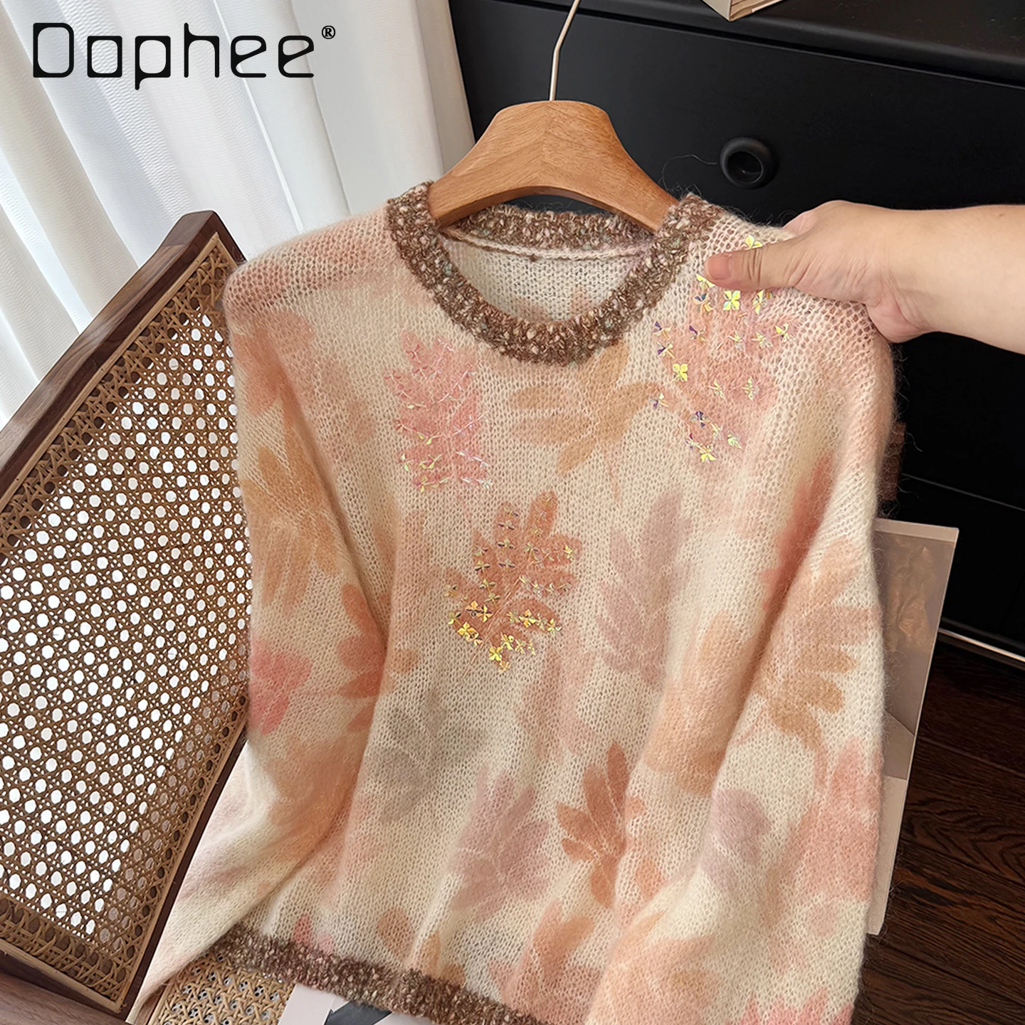Alpaca Wool Color-Block Shiny Sequin Jacquard Round Neck Long Sleeve Soft Knitted Sweater Women Autumn Korean Fashion Sweater