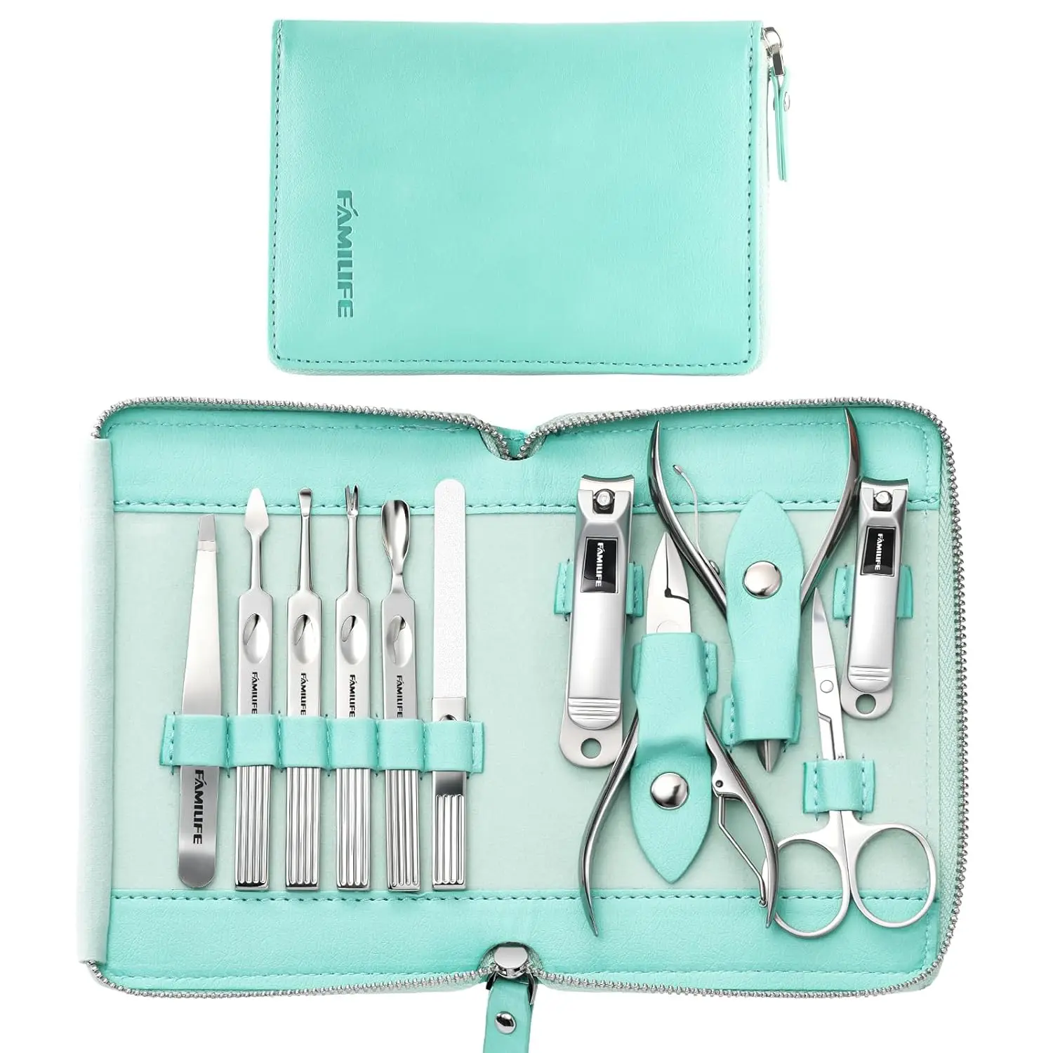

Professional 11-in-1 Manicure Set with Stainless Steel Tools and Portable Green Travel Case for Home and Travel