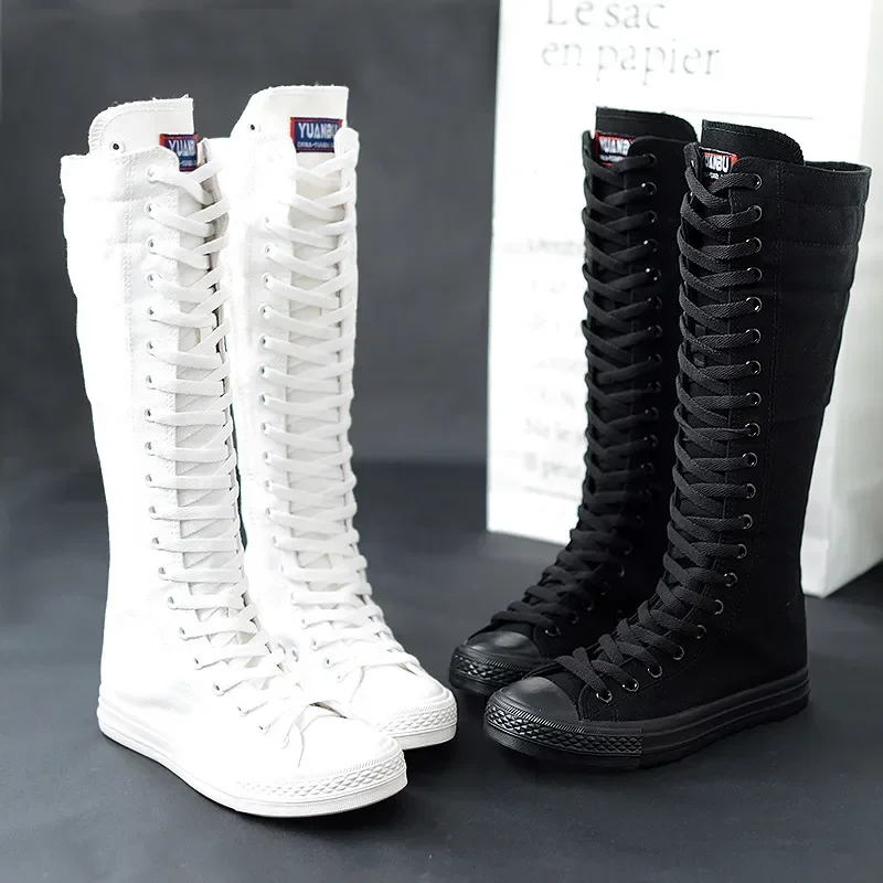 Buty damskie płócienne wiosna jesień Casual wysokie buty długie sznurowane buty na zamek błyskawiczny wygodne płaskie buty trampki Tenis Feminino