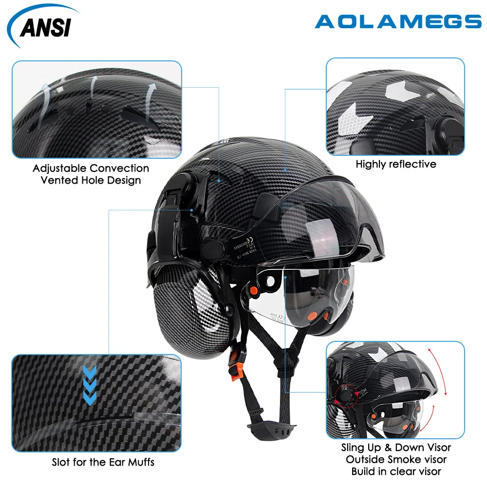 CE Carbon Fiber Safety Helmet W/ Earmuffs Double Goggles ABS Construction Hard Hat For Engineer High Quality Work Cap ANSI