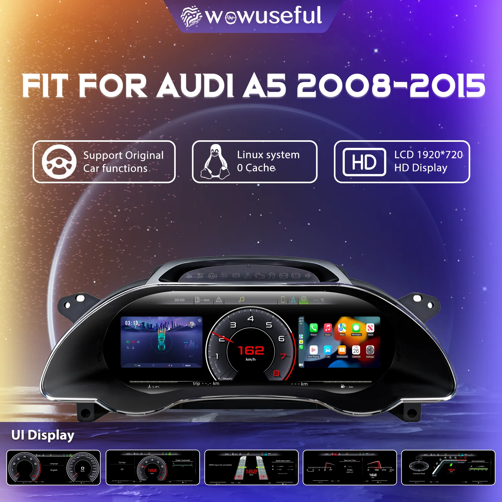 Cruscotto LCD 1920*720, Pannello Strumenti Virtuale per Audi A5 2008-2015, Quadro Strumenti Digitale, Tachimetro