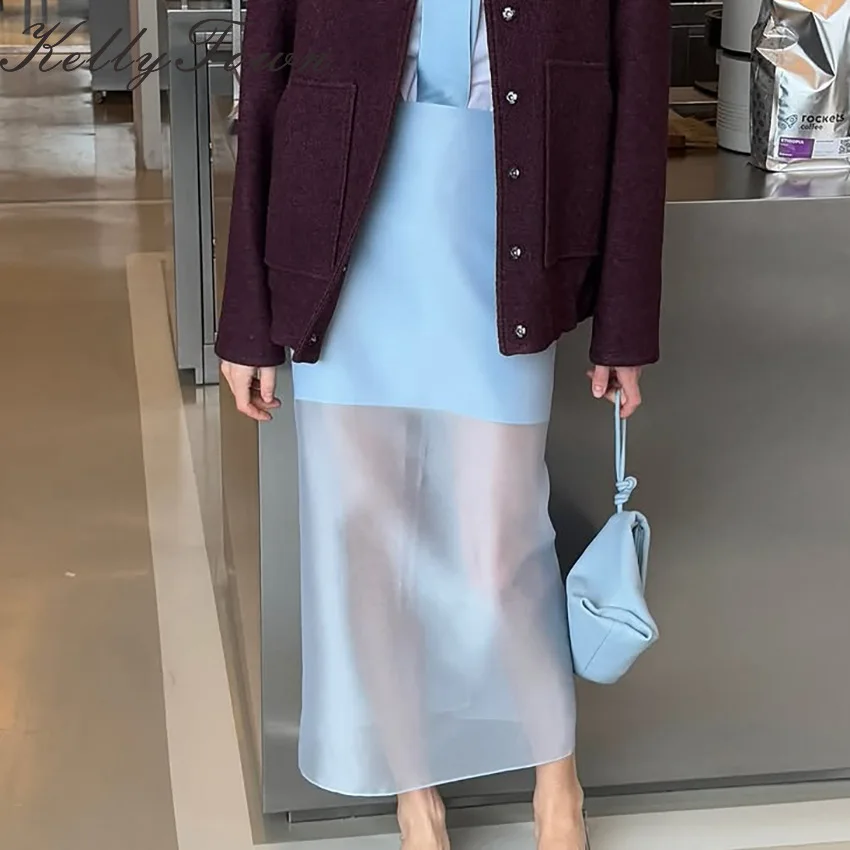 Mesh Skirts Women Double-layer See-Through Long Skirt High Waist Women's Maxi Skirt Slit Hip Skirt 2026 Streetwear Summer Skirt