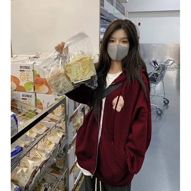 سترة بغطاء للرأس كبيرة الحجم باللون الأحمر الخمري مبطنة من Jaet American Sle oulder Sve سترة نسائية فضفاضة طويلة لخريف وشتاء