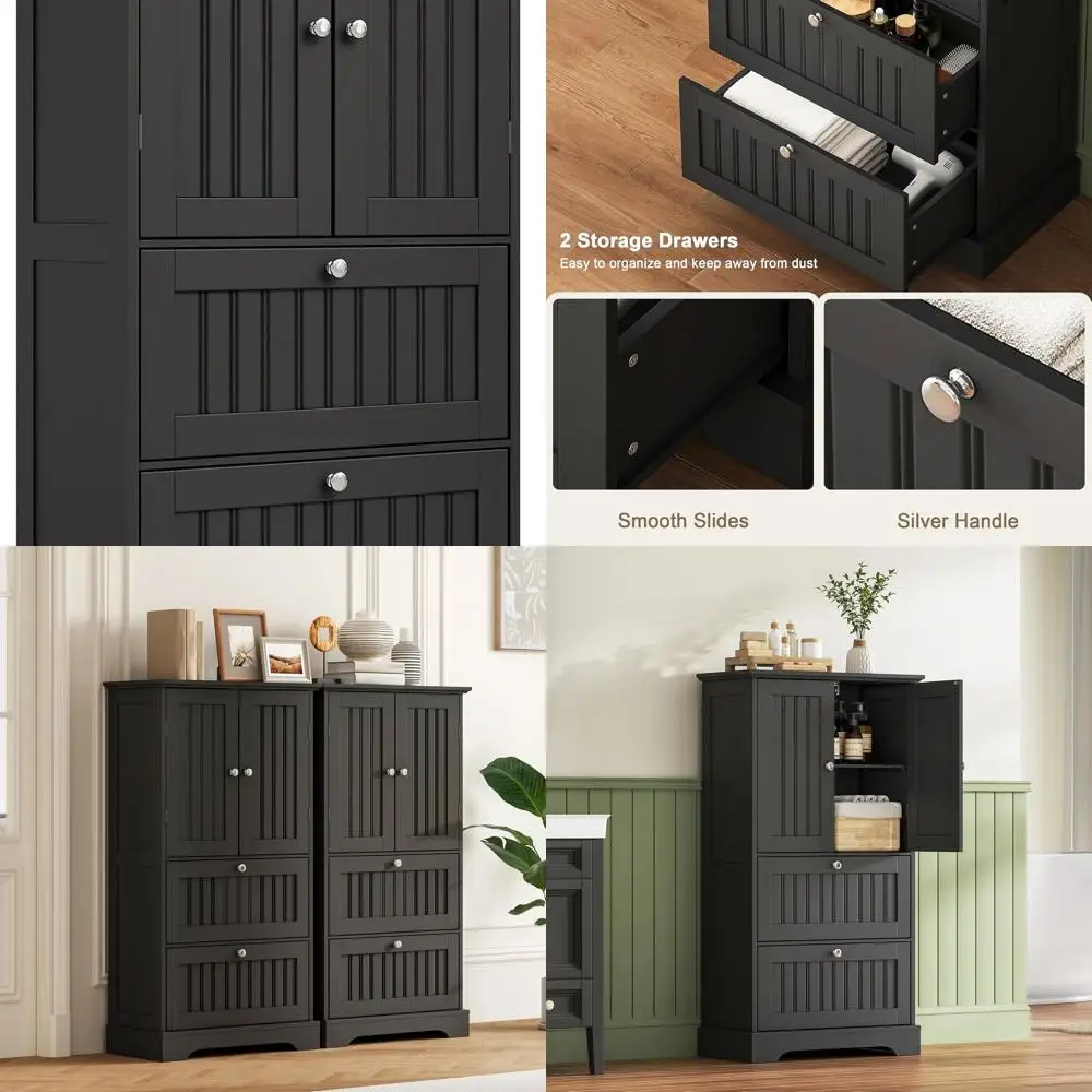 

Stylish Black Bathroom Storage Cabinet with Drawers, Adjustable Shelf & 2 Doors for Home Organization