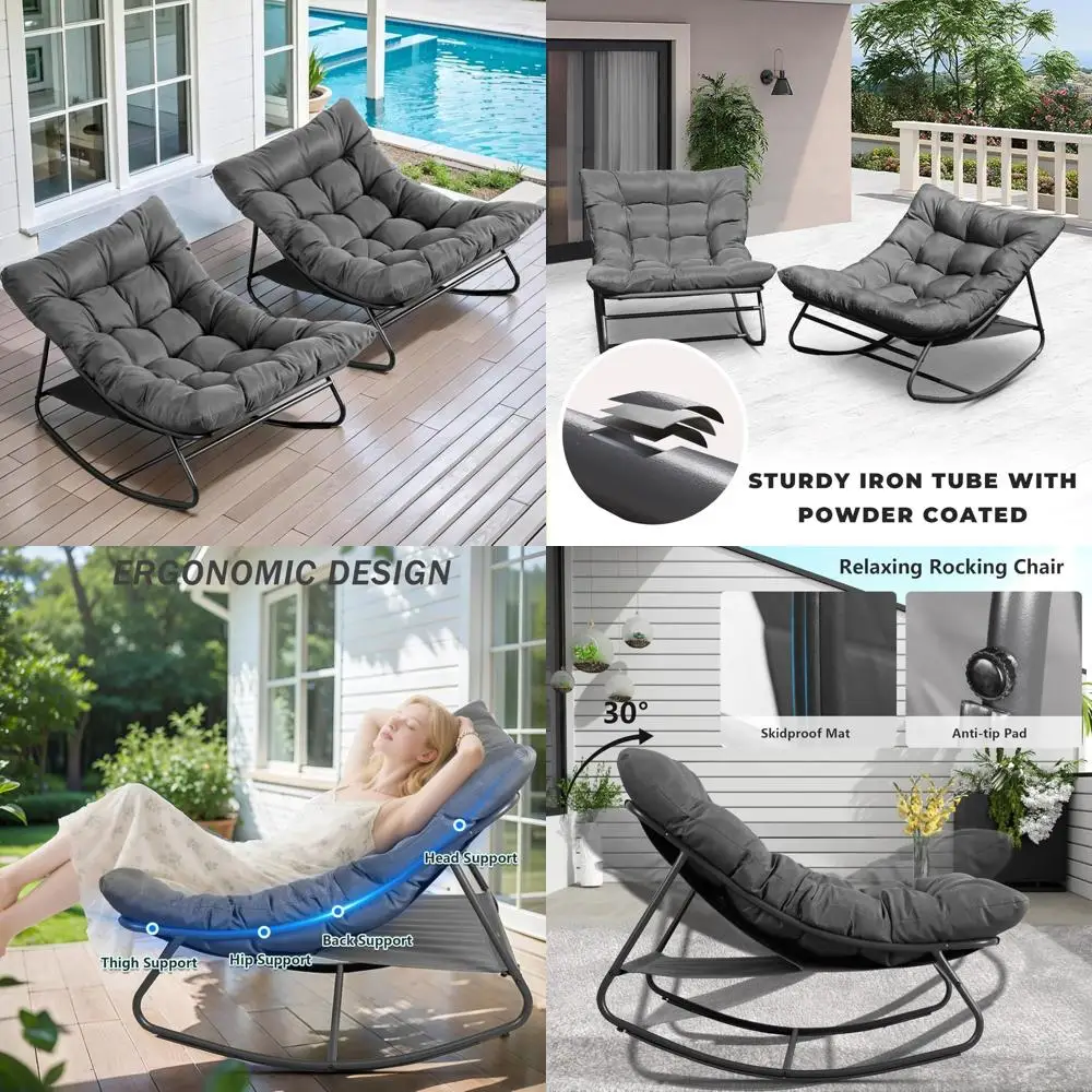 

Pair of Oversized Rocking Chairs for Indoor and Outdoor Use with Cushioned Seats and Metal Frame