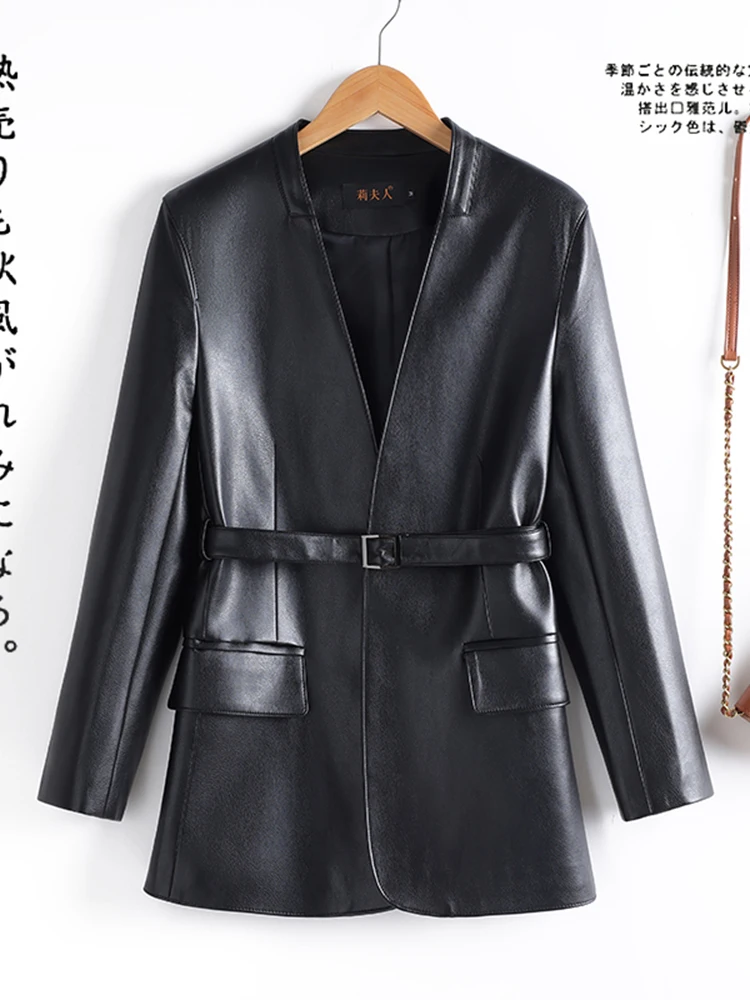 2025 spring and autumn new leather jacket women's medium and long small suit lace-up waist trench coat sheepskin jacket