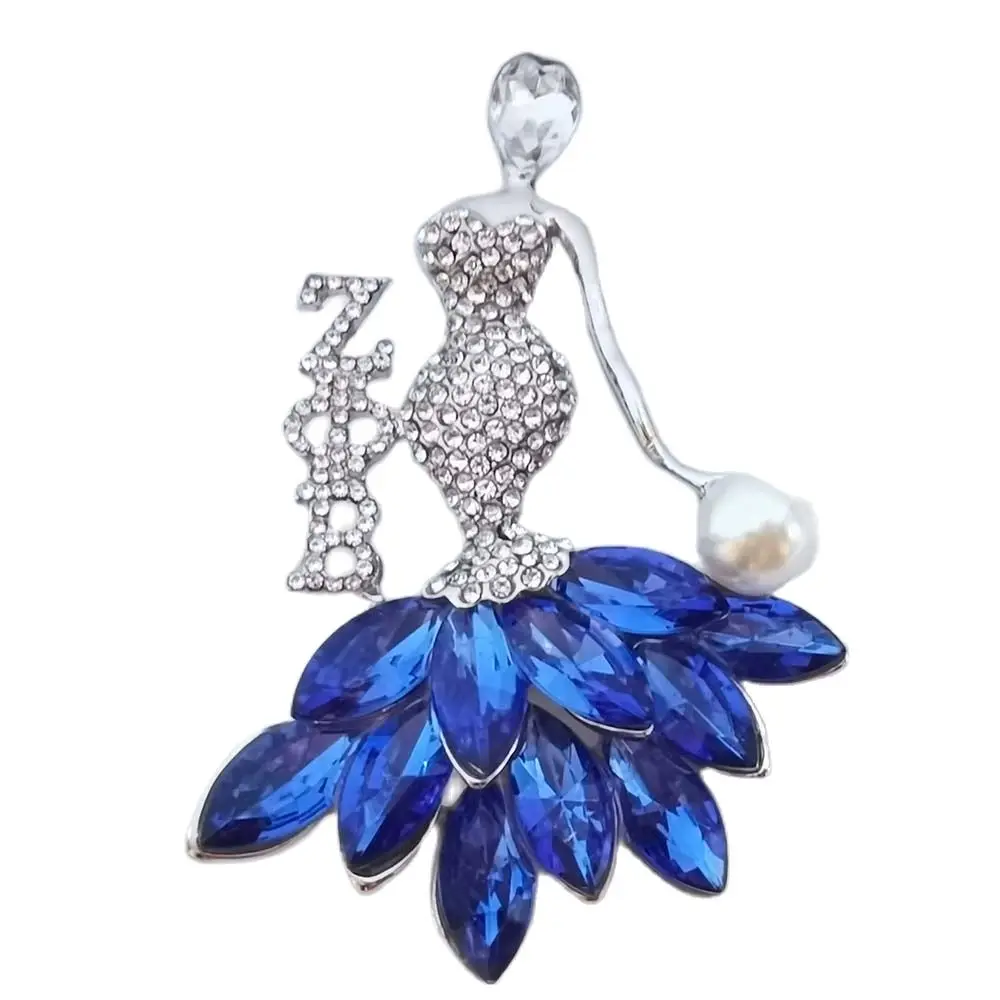 ZETA PHI BETA Greek Dance Girl white blue Rhinestone Metal Charm brooch