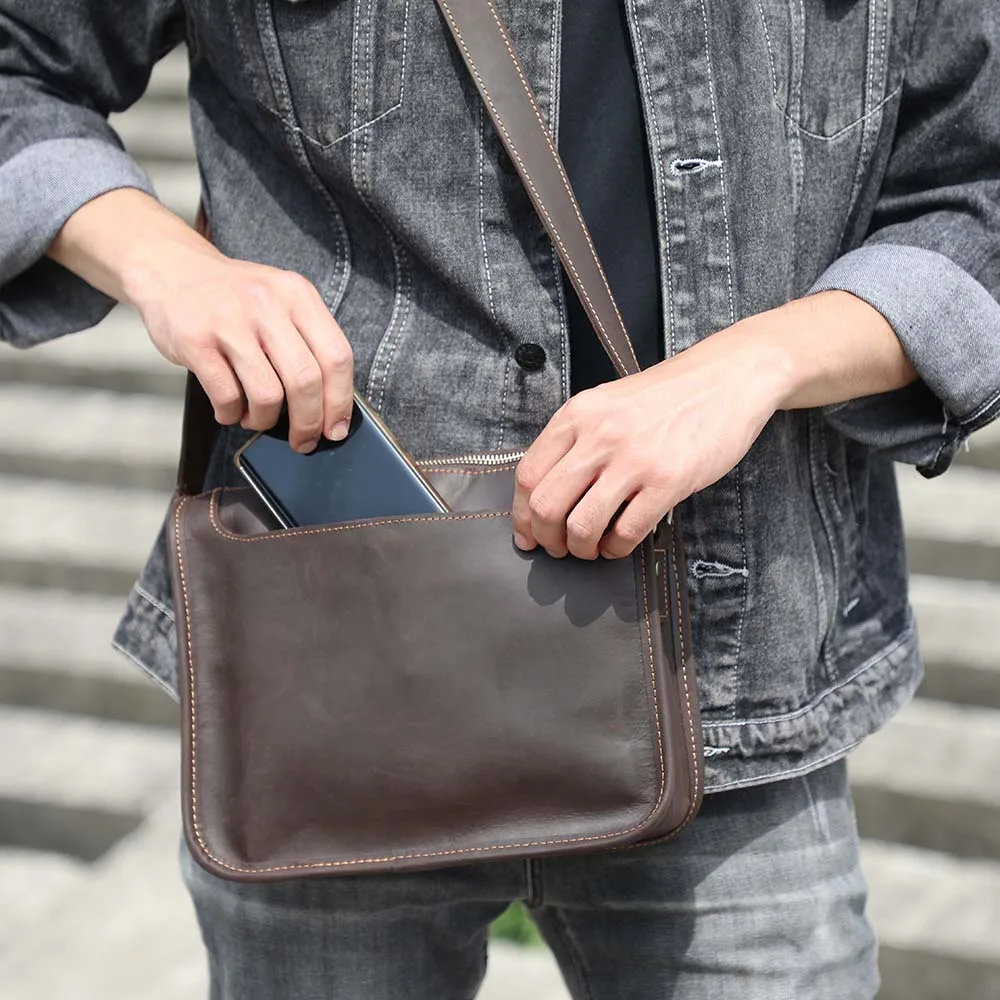 S.WORKER Vintage Echtleder Herren 11" Messenger Bag Umhängetasche Crazy Horse Rindsleder Schultertasche Top-Layer Mode – Detail 5