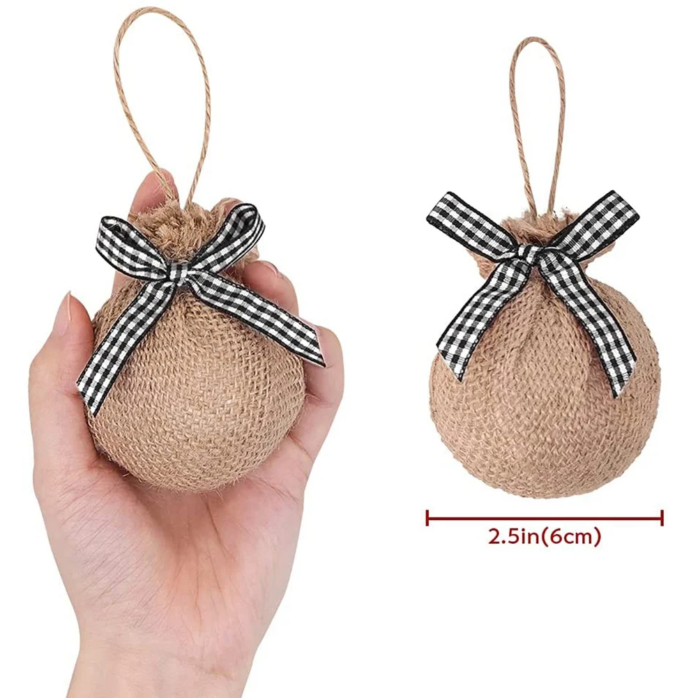 Christmas Tree Ornaments, 12 Pcs 2-1/2 Inches White Black Buffalo Check Plaid Stitching Burlap Christmas Decorations