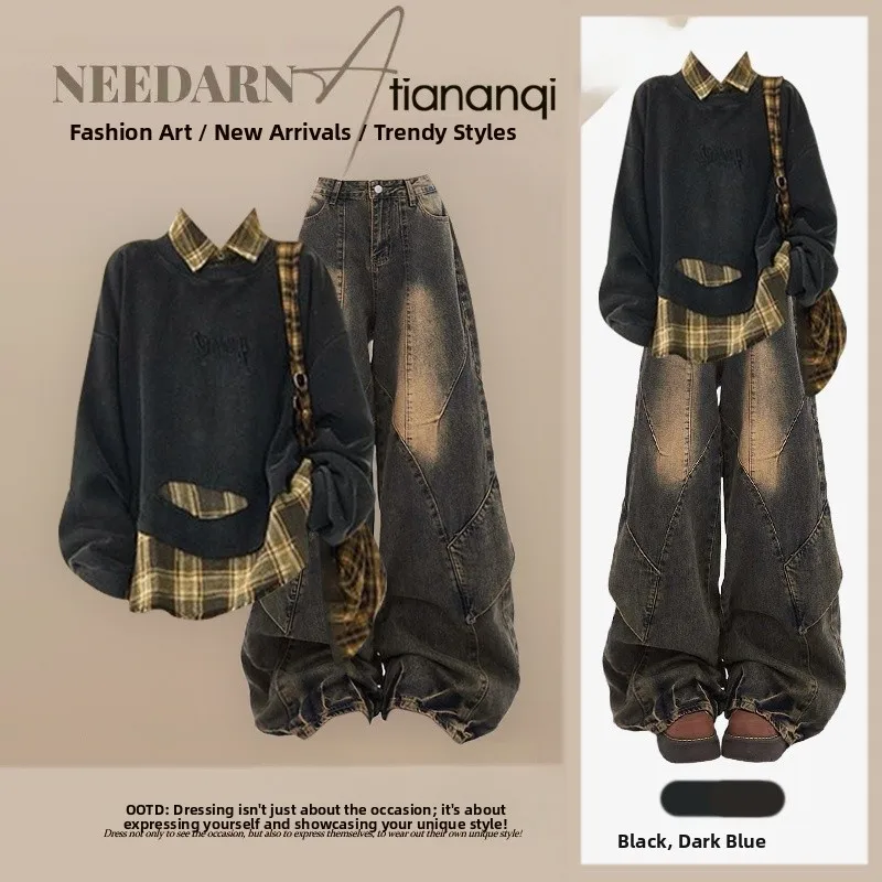 

Fall Faion Korean Sle Sweater Set High Waist Wide Leg Jeans Two Piece Set Agel Look Comfortable Materials Women's Ense...