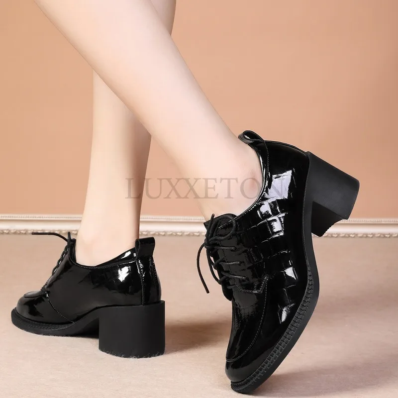 Genuine Leather Thick Root Round Head Glossy Women Loafers Patent Leather High Heels Fashion Street Photos Formal Shoes