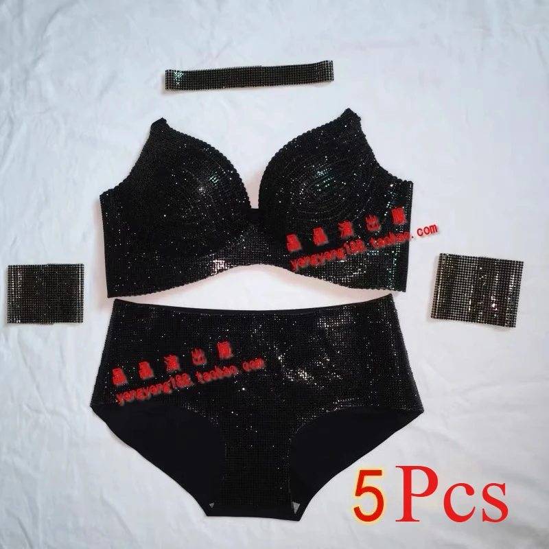Customized Belly Bikini Diamond Sparkling Diamond Stage Bra Set Bra Underwear Pole Dance Performance Exotic Dancewear 5Pcs