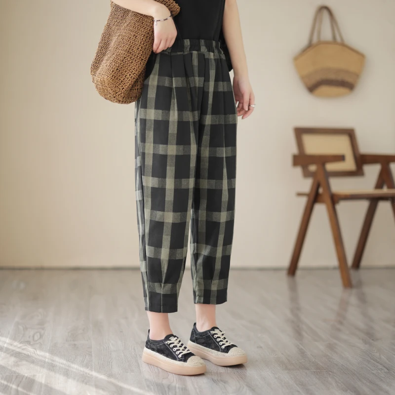 슬림핏 대형 사이즈 여성 하렘 팬츠 면 린넨 체크 여름 신상 루즈핏 랜턴 팬츠 나인 포인트 팬츠