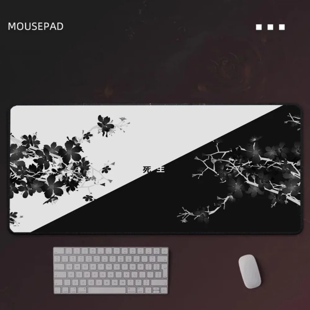 

Большой коврик для мыши Sakura, черно-белый, игровой настольный коврик, резиновый коврик для клавиатуры с фиксированными краями