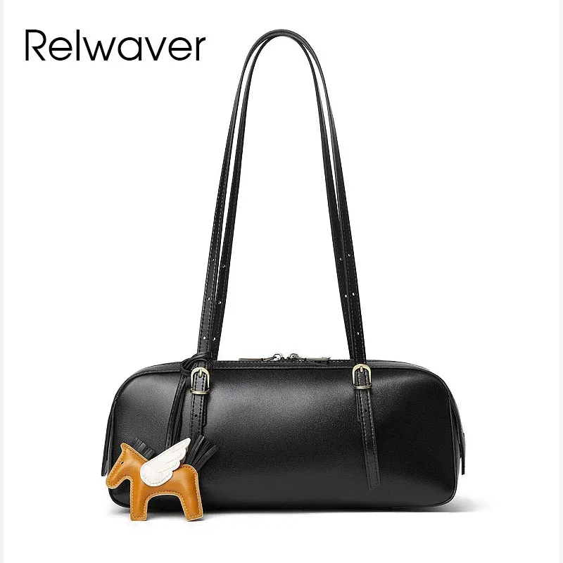 

Relwaver women underarm bag genuine leather handbag vintage bowling bag fashion pillow versatile women shoulder bag