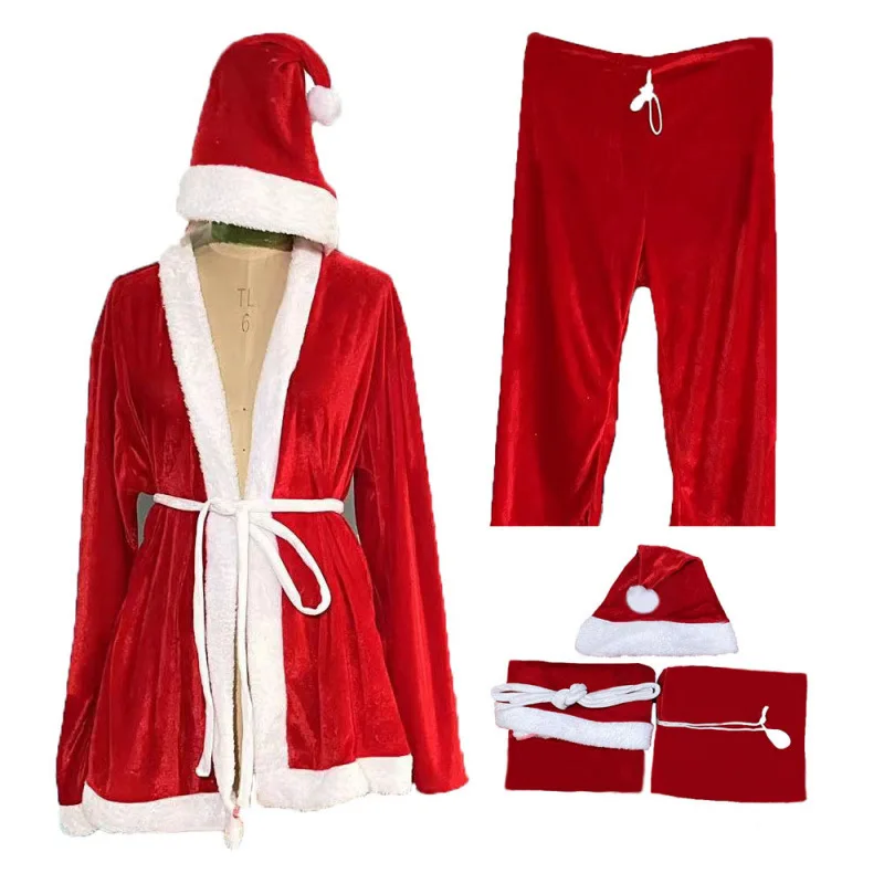 سانتا كلوز زي الأحمر المخملية كيب الكبار أعلى السراويل قبعة ثلاث قطع تأثيري الرأس