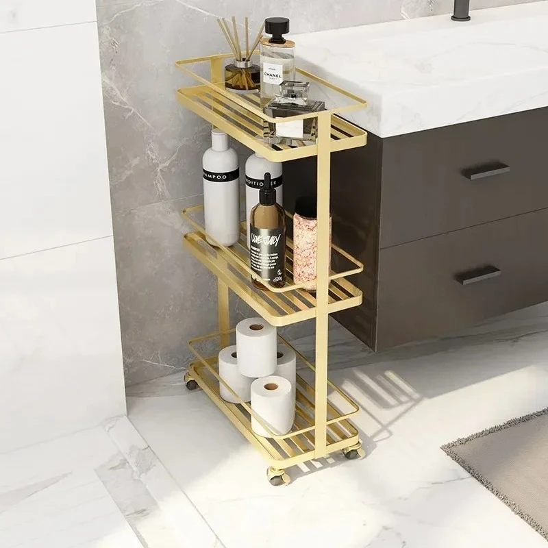 Bathroom Shelves for Bathroom Simple Iron Golden Storage Toilet Floor Shelf for Kitchen Trolley Wrought Iron with Wheels