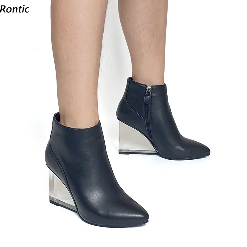 

Rontic/Новое поступление, женские зимние ботильоны, кожаные ботинки на танкетке с острым носком, красивая черная обувь для вечеринок, размер США 3-9,5